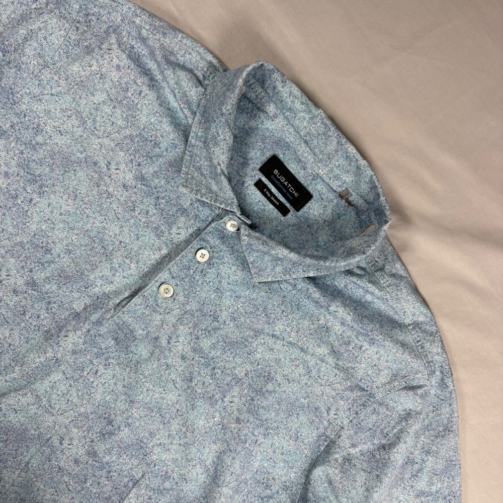 Bugatchi OoohCotton Tech Polo Shirt Mens XL Blue Marble 8-Way Stretch Golf Tech